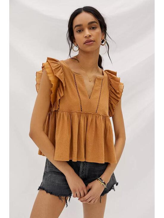 Anthropologie Tops - Anthropologie Rust Caroline Boho Flutter Sleeve Babydoll Blouse Top Size XS